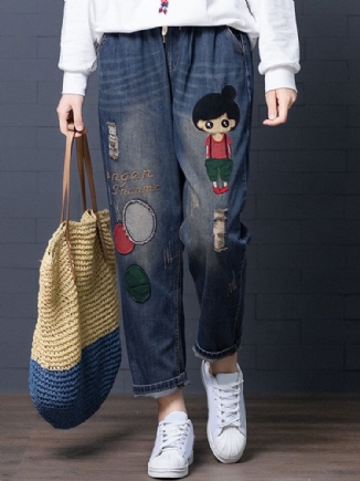 Denim-jeans Mit Hohlem Tunnelzug Und Cartoon-stickerei