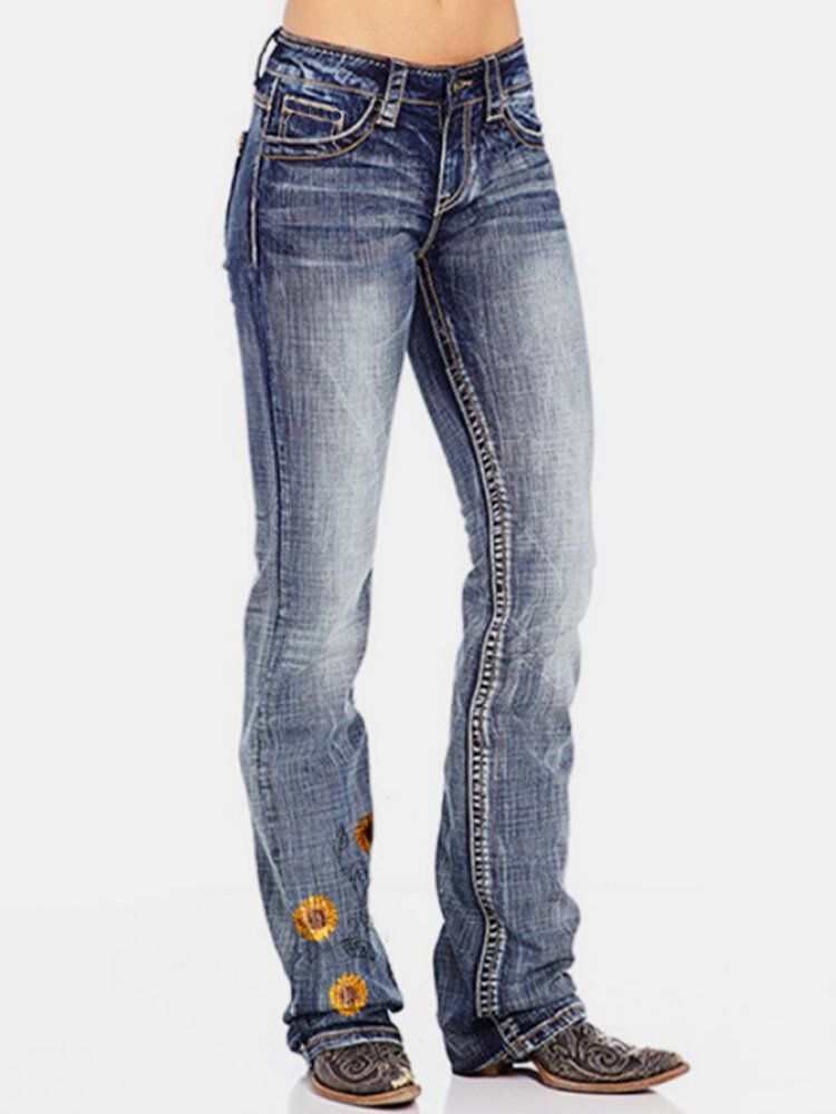 Frauen Blumen Bestickte Taschen Regular Fit Casual Distressed Jeans