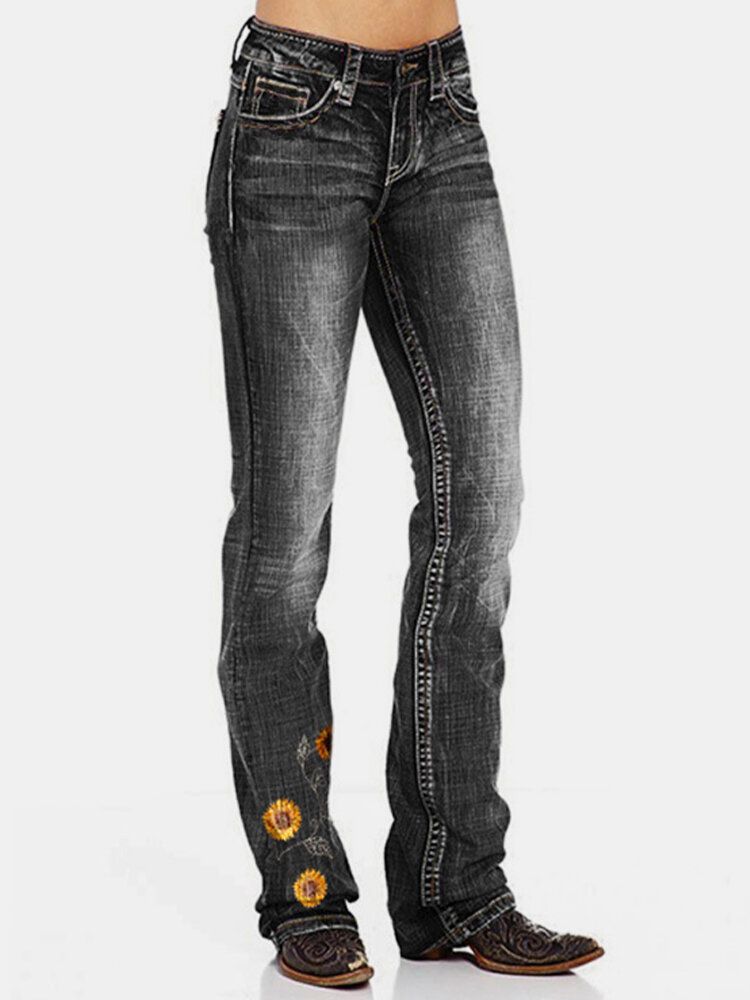 Frauen Blumen Bestickte Taschen Regular Fit Casual Distressed Jeans