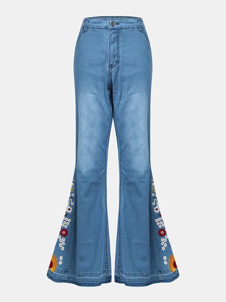 Frauen-blumenstickerei Stilvolle Lässige Bell-bottom-jeans Mit Taschen