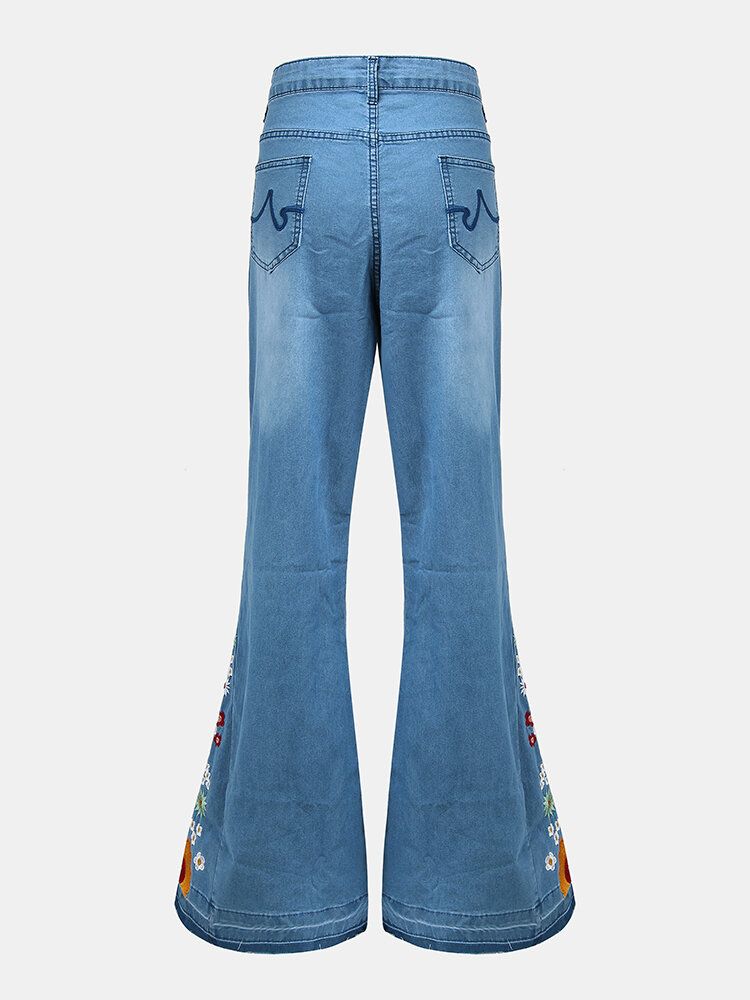 Frauen-blumenstickerei Stilvolle Lässige Bell-bottom-jeans Mit Taschen