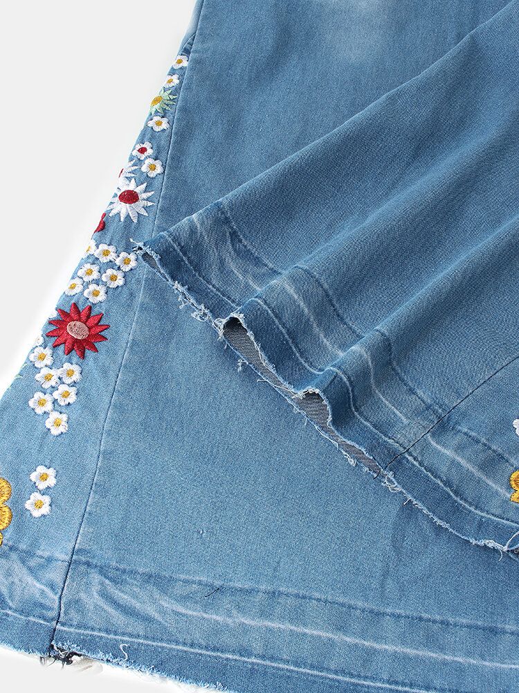 Frauen-blumenstickerei Stilvolle Lässige Bell-bottom-jeans Mit Taschen