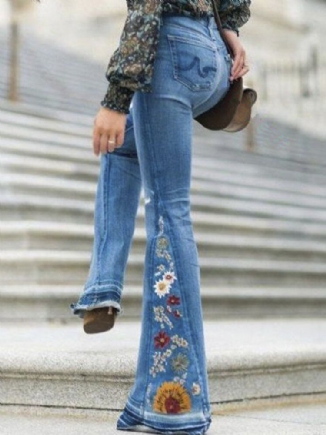 Frauen-blumenstickerei Stilvolle Lässige Bell-bottom-jeans Mit Taschen