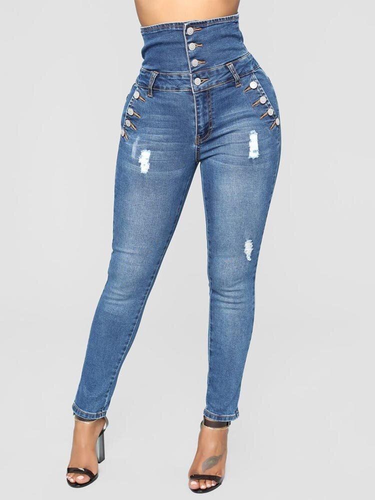 Lässige Skinny Jeans Mit Hoher Taille Und Knöpfen Für Damen