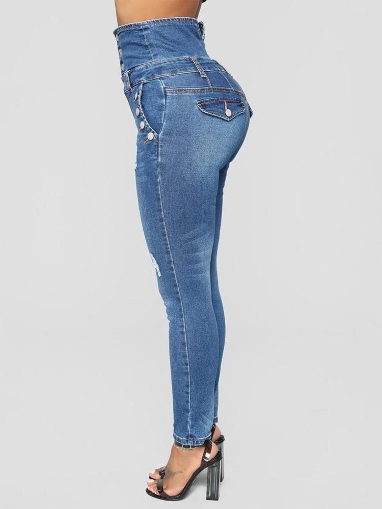 Lässige Skinny Jeans Mit Hoher Taille Und Knöpfen Für Damen