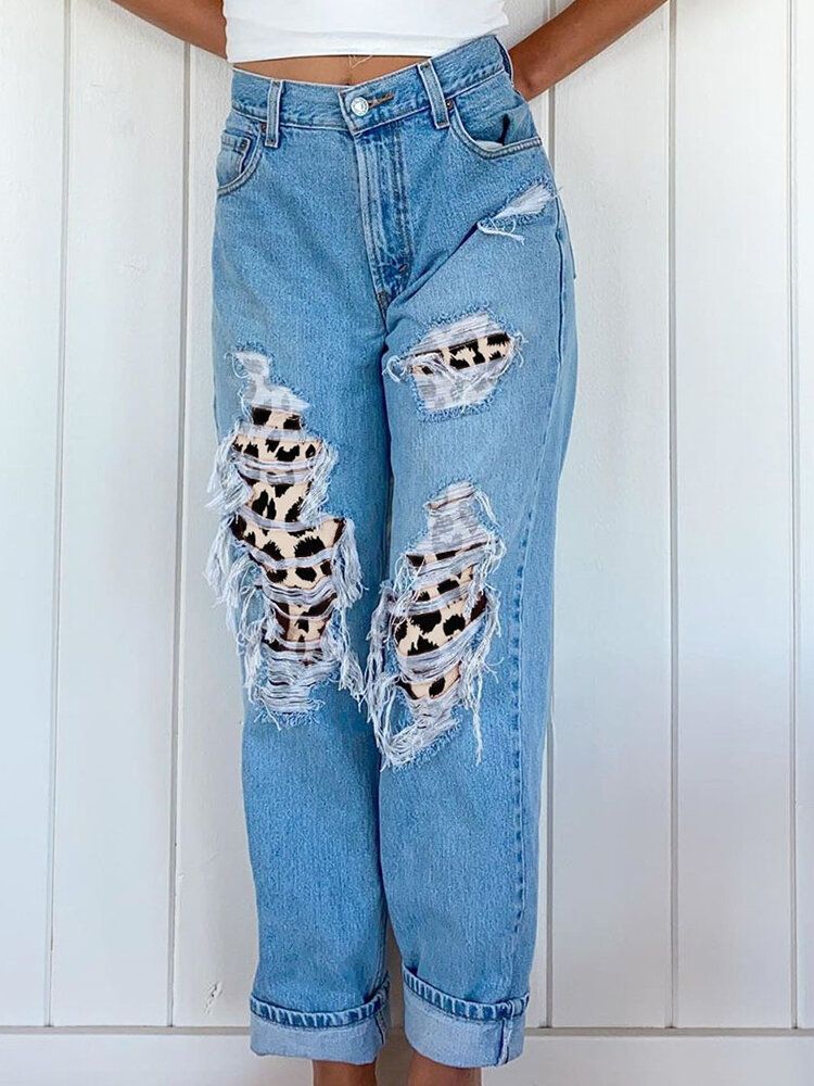 Zerrissene Damen-leopard-frayed-distressed-rigid-leggings-jeans Mit Mittlerer Taille