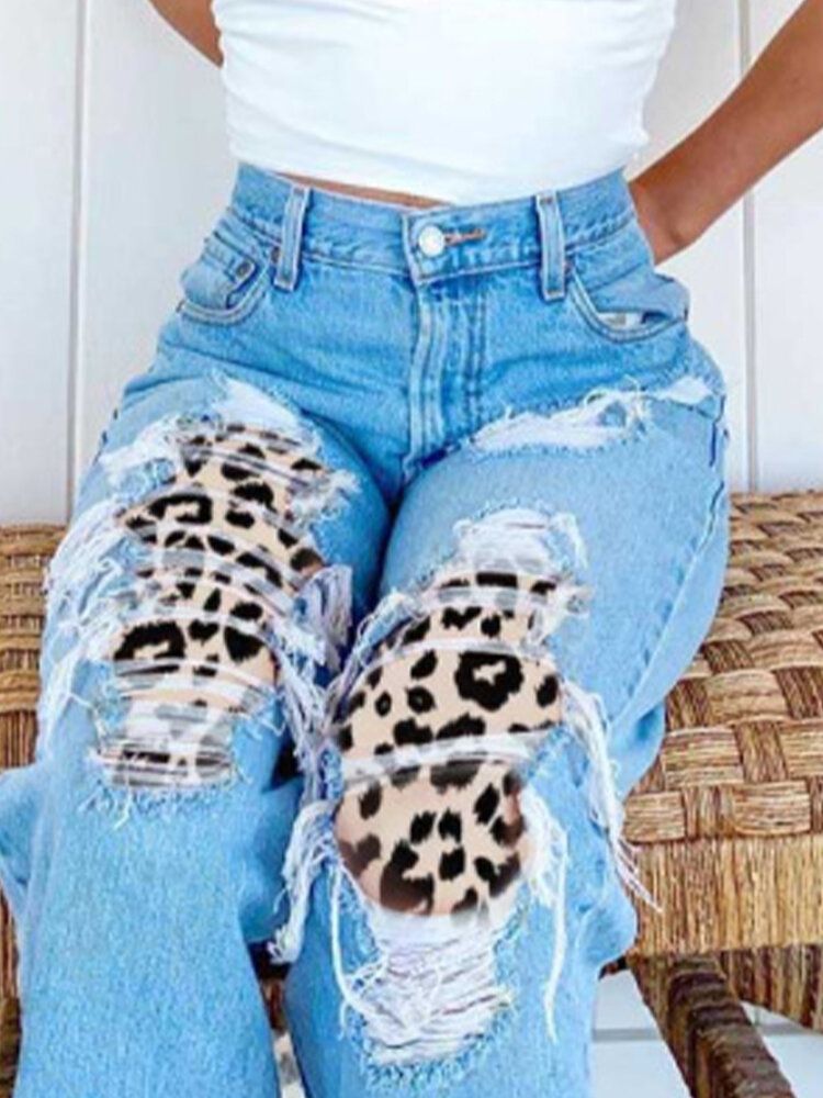 Zerrissene Damen-leopard-frayed-distressed-rigid-leggings-jeans Mit Mittlerer Taille