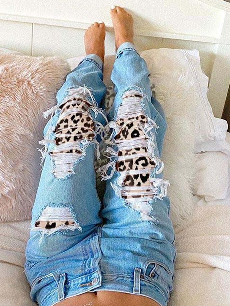 Zerrissene Damen-leopard-frayed-distressed-rigid-leggings-jeans Mit Mittlerer Taille