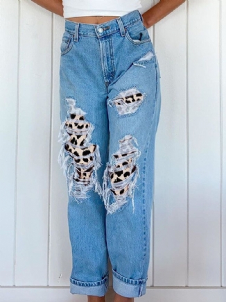 Zerrissene Damen-leopard-frayed-distressed-rigid-leggings-jeans Mit Mittlerer Taille