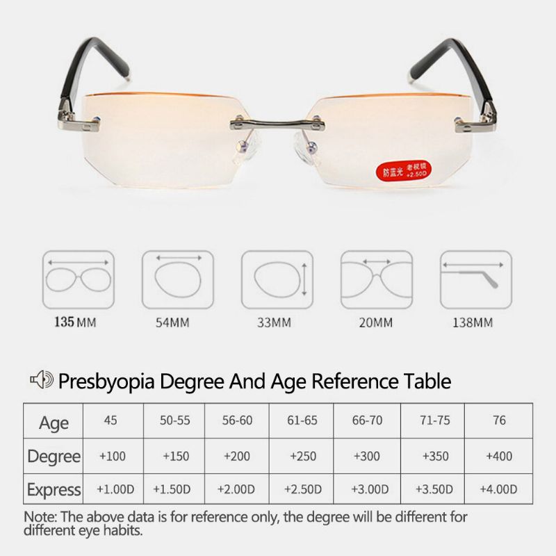 Unisex Anti-blue Light Radiation Randlose Presbyopie-brille Aus Metall High-definition-lesebrille