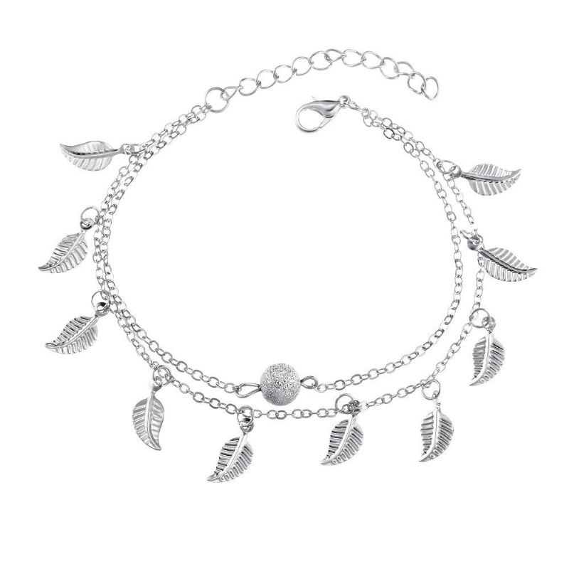 Trendiges Fußkettchen Mit Blattanhänger In Silber Und Gold Doppelschichtiges Kugel-charm-armband