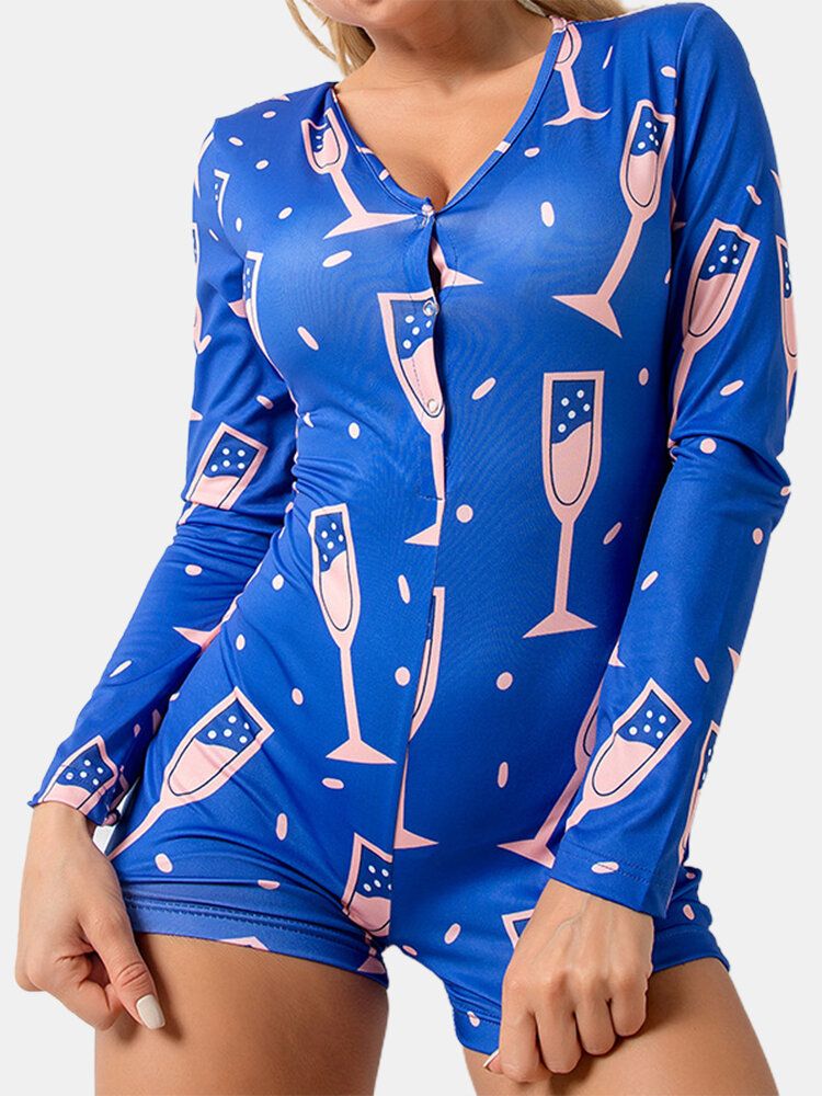 Abstract Print V-ausschnitt Langarm V-ausschnitt Blau Pyjama Shorts Overalls Für Frauen