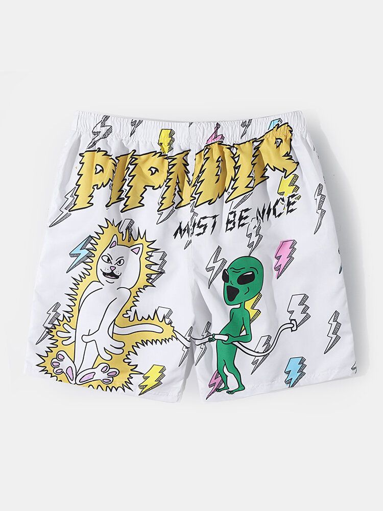 Atmungsaktive Dünne Badeshorts Für Herren Mit Cartoon-katzen-alien-aufdruck Und Mesh-futter