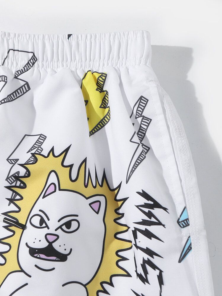 Atmungsaktive Dünne Badeshorts Für Herren Mit Cartoon-katzen-alien-aufdruck Und Mesh-futter