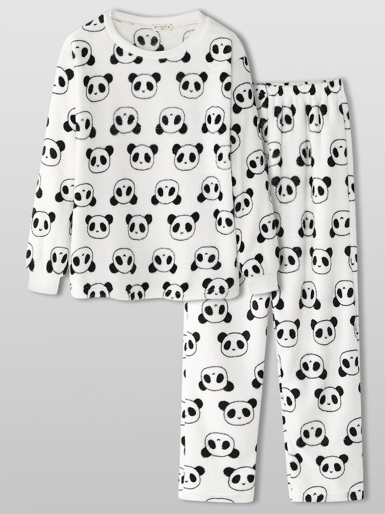 Damen All Over Cartoon Panda Langarm Plüsch Warm Home Pyjama Set