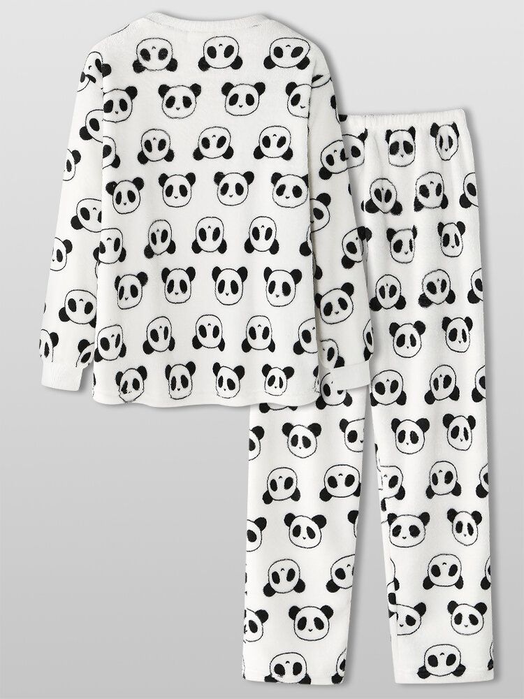 Damen All Over Cartoon Panda Langarm Plüsch Warm Home Pyjama Set