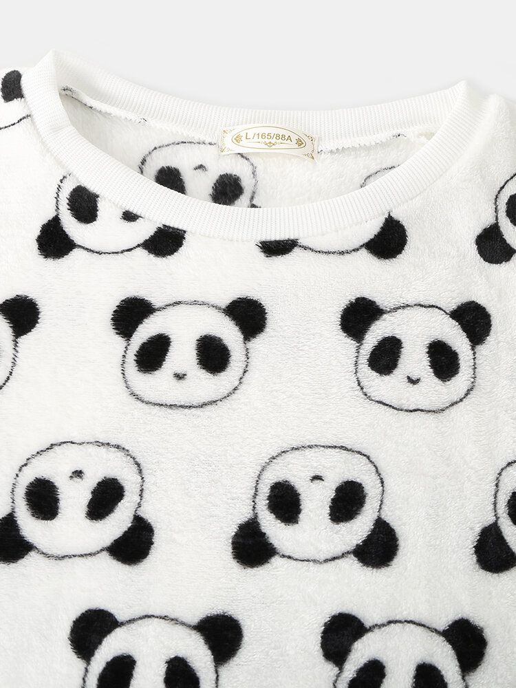 Damen All Over Cartoon Panda Langarm Plüsch Warm Home Pyjama Set