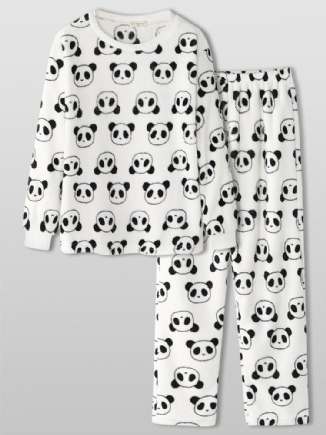 Damen All Over Cartoon Panda Langarm Plüsch Warm Home Pyjama Set