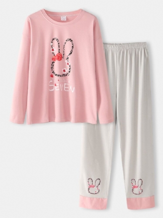 Damen Brief Print Cartoon Kaninchen Muster Pullover Tasche Gery Pants Home Cute Pyjama Set