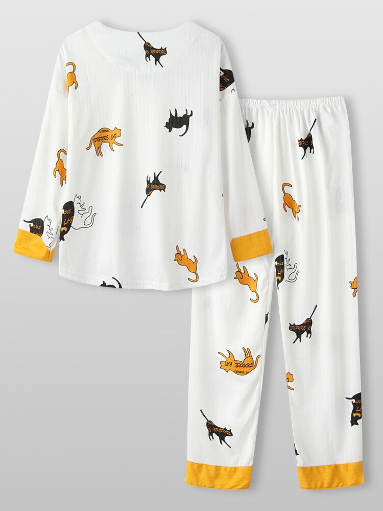 Damen Cartoon Cat Print V-ausschnitt Langarm Loose Lounge Home Zweiteilige Pyjama-sets