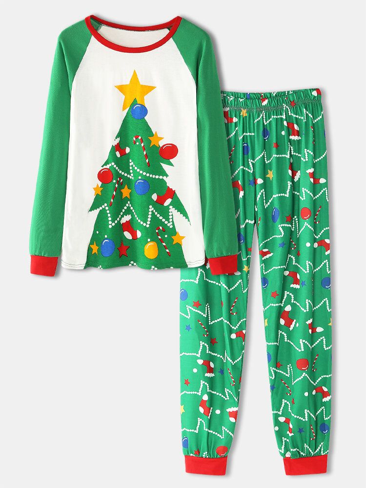 Damen Cartoon Weihnachtsbaum Print Raglanärmel Sweatshirts Elastische Taille Joggerhose Home Pyjama Set