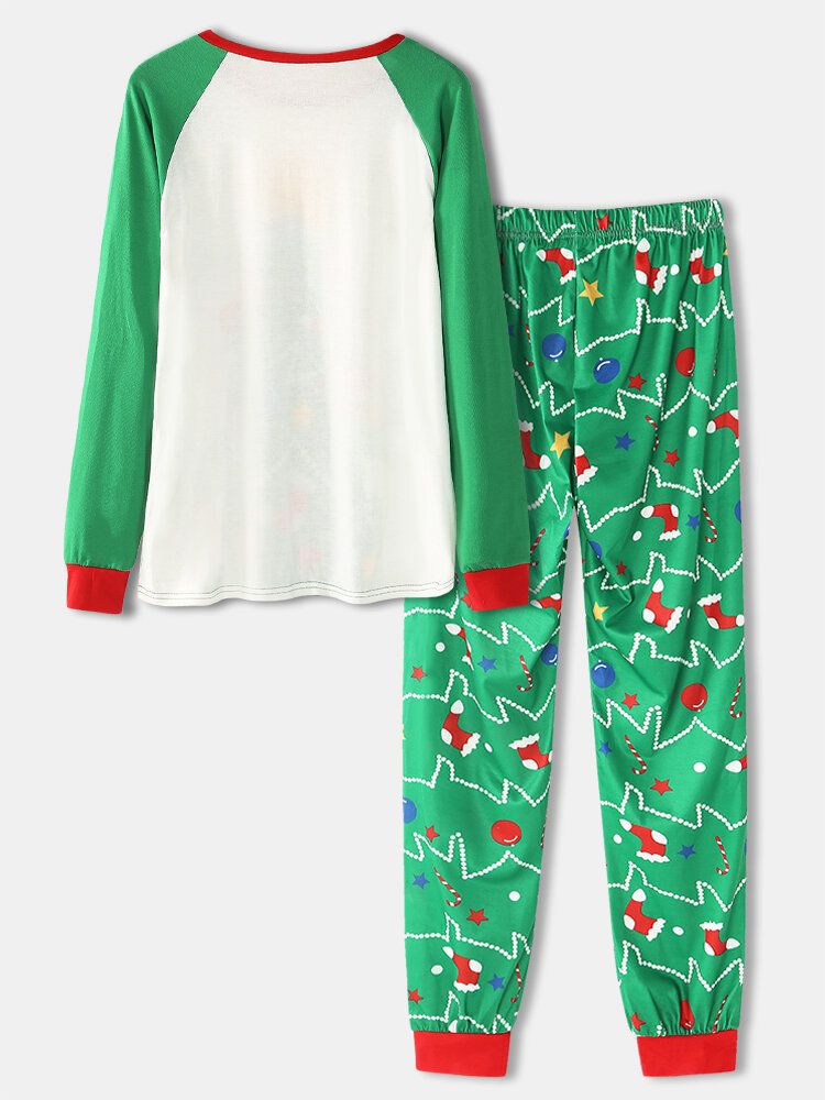 Damen Cartoon Weihnachtsbaum Print Raglanärmel Sweatshirts Elastische Taille Joggerhose Home Pyjama Set