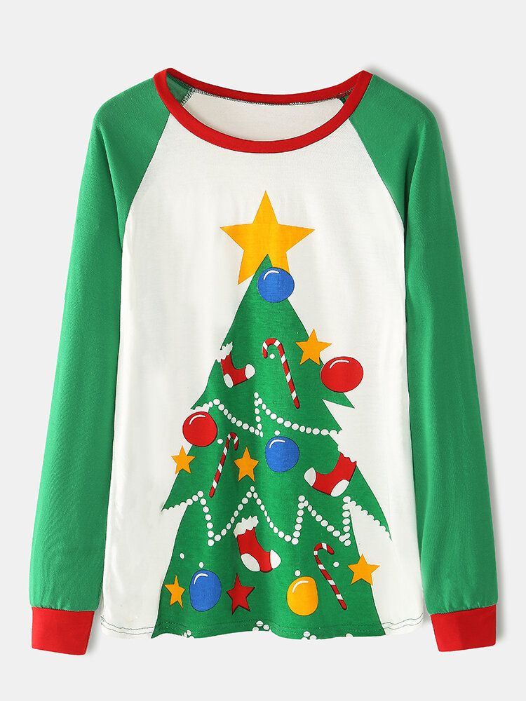 Damen Cartoon Weihnachtsbaum Print Raglanärmel Sweatshirts Elastische Taille Joggerhose Home Pyjama Set