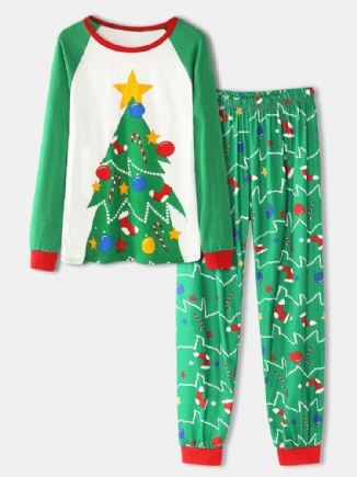 Damen Cartoon Weihnachtsbaum Print Raglanärmel Sweatshirts Elastische Taille Joggerhose Home Pyjama Set