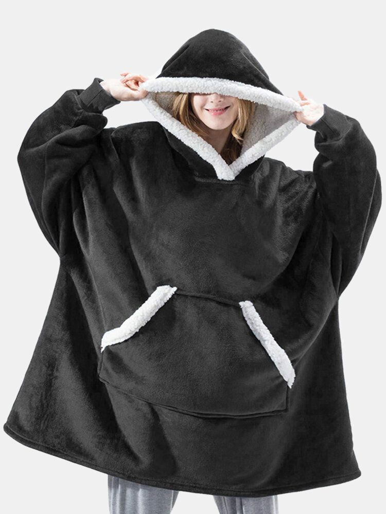 Damen-flanell-oversize-decken-hoodies Verdicken Warme Nachtwäsche-roben Mit Tasche