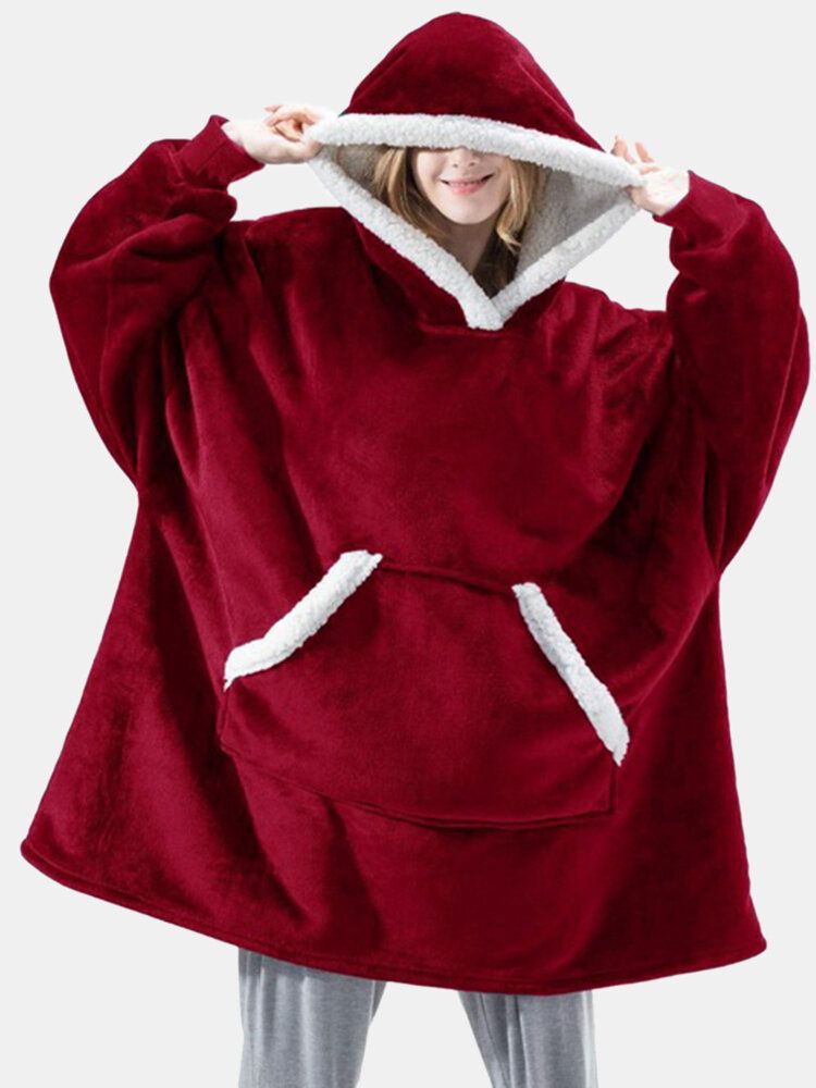 Damen-flanell-oversize-decken-hoodies Verdicken Warme Nachtwäsche-roben Mit Tasche