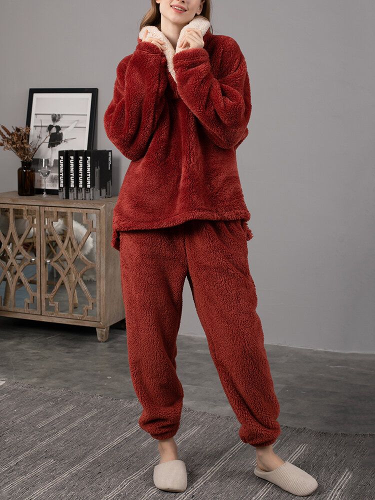 Damen Flauschiger Plüsch Verdickter Revers Hoher Niedriger Saum Loungewear Warmes Pyjama-set