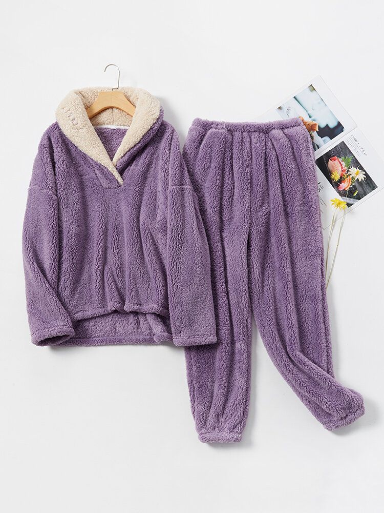 Damen Flauschiger Plüsch Verdickter Revers Hoher Niedriger Saum Loungewear Warmes Pyjama-set