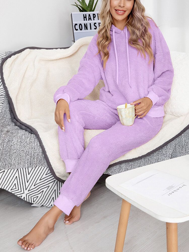 Damen-fleece Dicker Einfarbiger Pullover Hoodie Joggerhose Freizeit-pyjama-set Für Zuhause