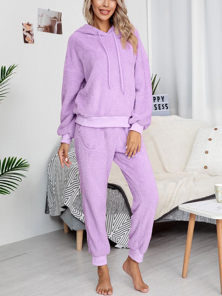 Damen-fleece Dicker Einfarbiger Pullover Hoodie Joggerhose Freizeit-pyjama-set Für Zuhause