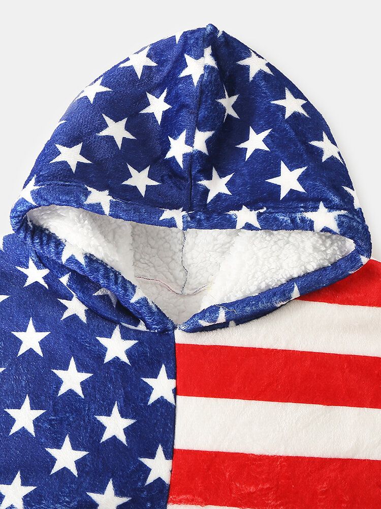 Damen-fleece Gefütterte Decke Mit Amerikanischer Flagge Kuscheliger Dicker Warmer Bademantel Mit Tasche