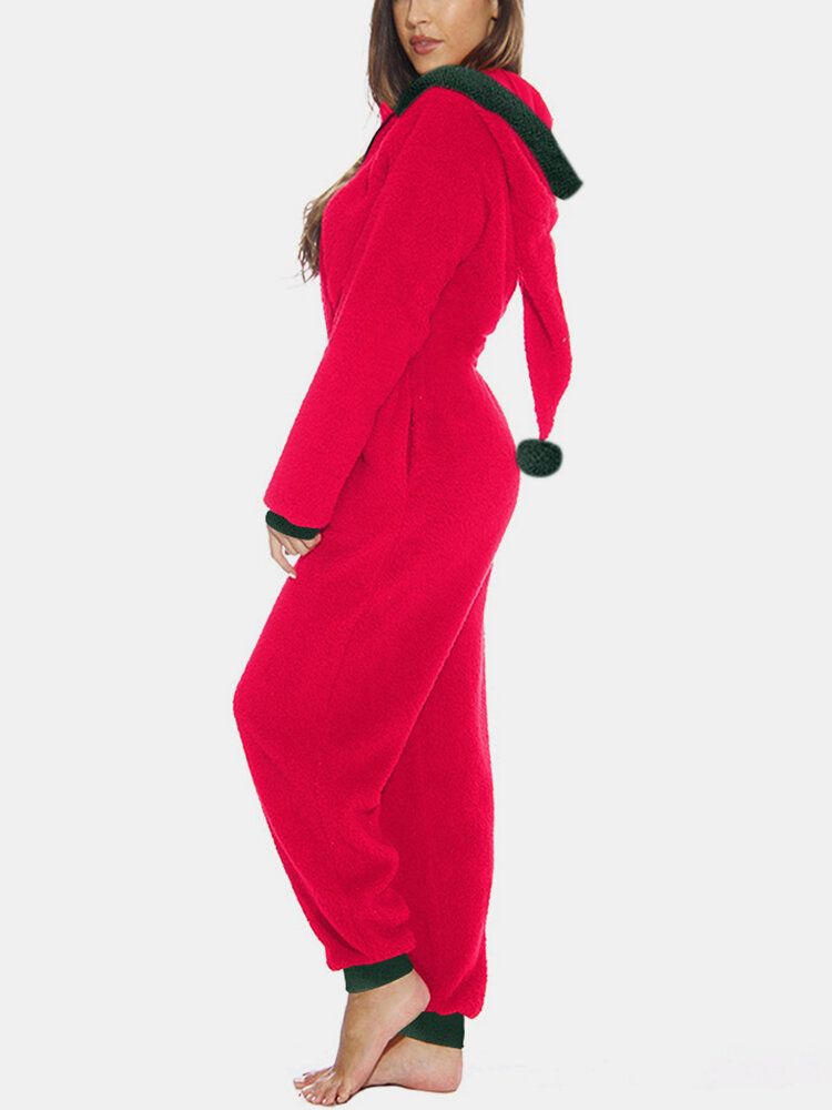 Damen Niedliche Kapuzen-langarm-fleece-kuschelige Warme Einfarbige Nachtwäsche-overalls