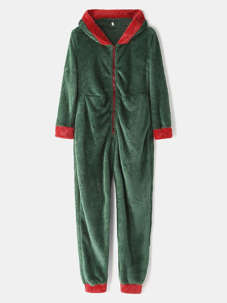 Damen Niedliche Kapuzen-langarm-fleece-kuschelige Warme Einfarbige Nachtwäsche-overalls