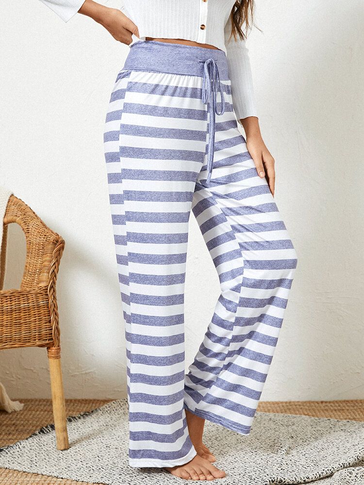 Damen Plus Size Striped Short Style Drawstring Waist Loose Daily Home Pyjama Pants