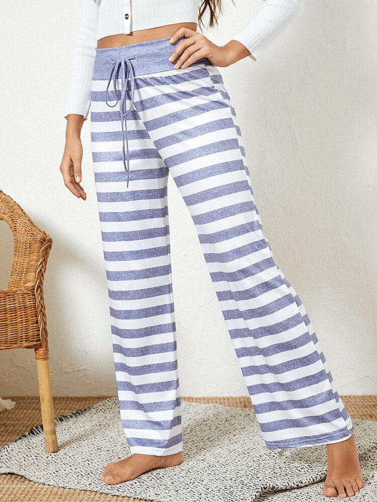 Damen Plus Size Striped Short Style Drawstring Waist Loose Daily Home Pyjama Pants