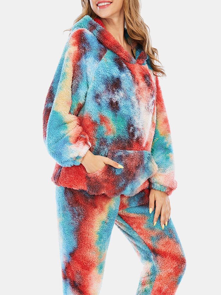 Damen-tie-dye-fleece-hosen Mit Kängurutasche Und Hoodie Home Sleepweat Lässiges Pyjama-set