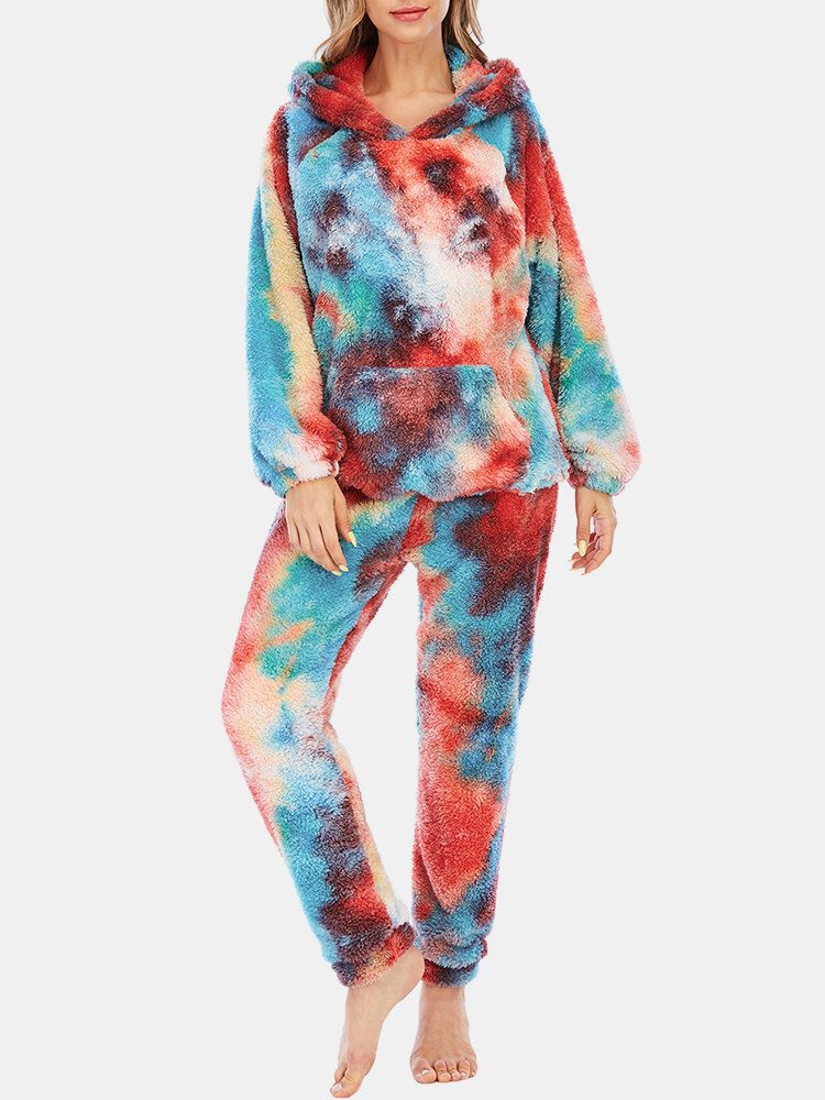 Damen-tie-dye-fleece-hosen Mit Kängurutasche Und Hoodie Home Sleepweat Lässiges Pyjama-set