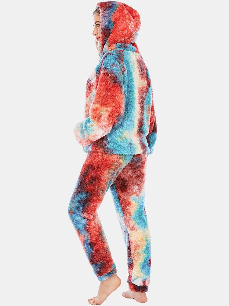 Damen-tie-dye-fleece-hosen Mit Kängurutasche Und Hoodie Home Sleepweat Lässiges Pyjama-set