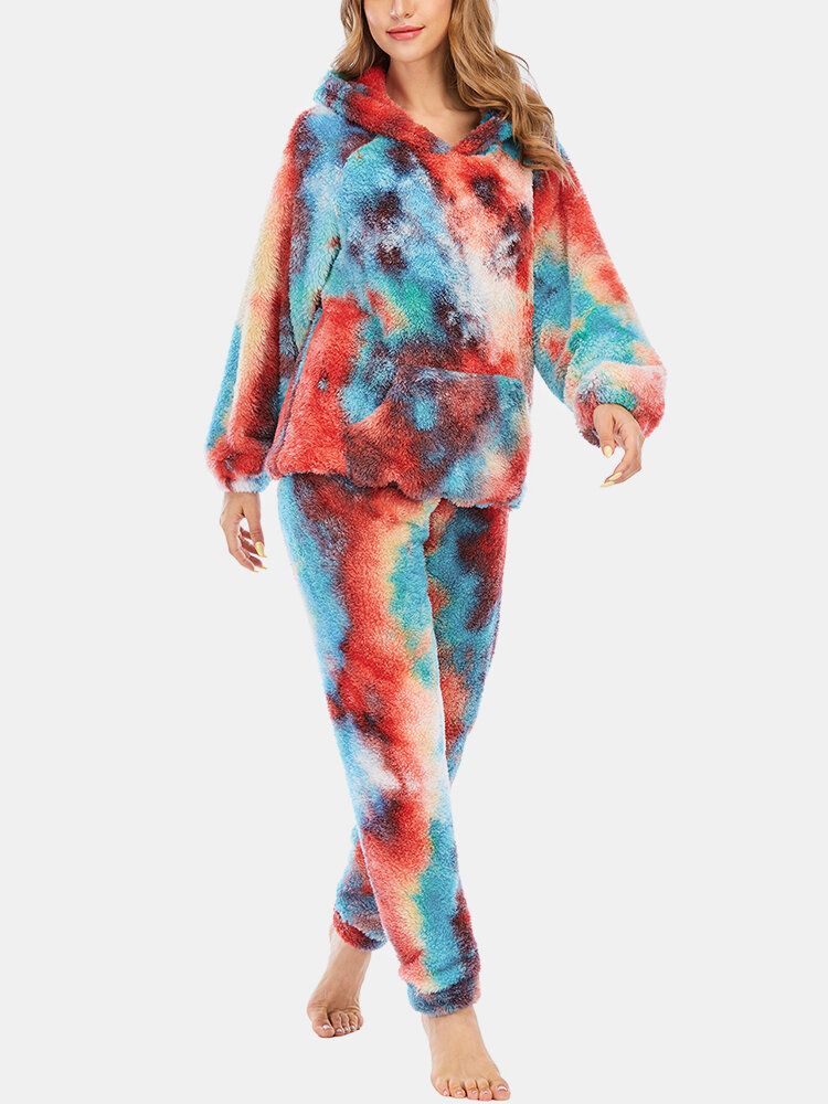 Damen-tie-dye-fleece-hosen Mit Kängurutasche Und Hoodie Home Sleepweat Lässiges Pyjama-set