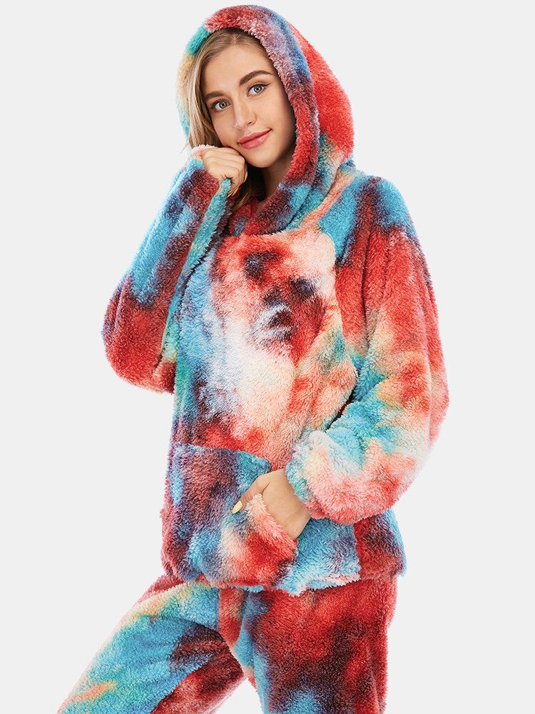 Damen-tie-dye-fleece-hosen Mit Kängurutasche Und Hoodie Home Sleepweat Lässiges Pyjama-set