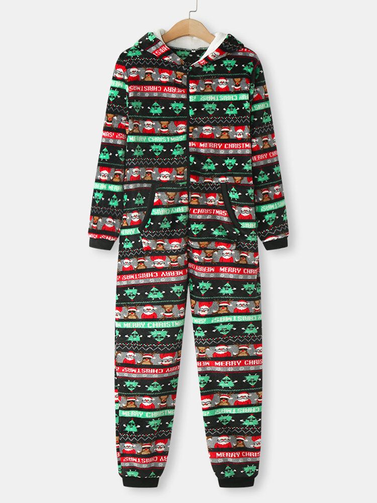 Damen Weihnachts-flanell Bedruckter Langarm-pyjama Mit Reißverschluss Und Ohrendetail