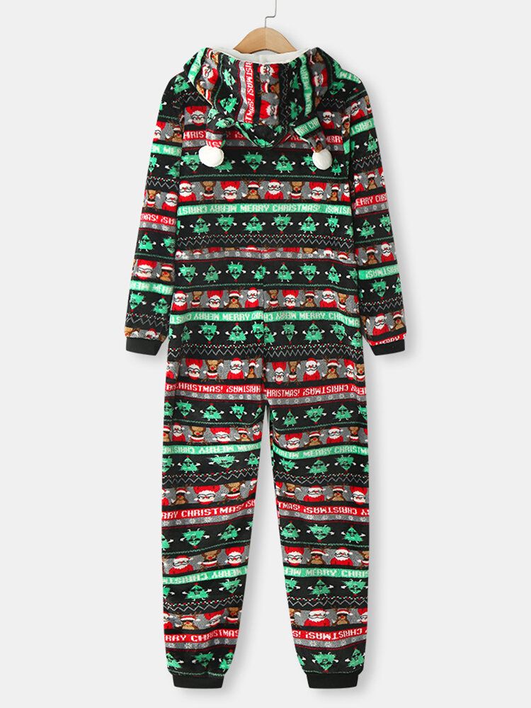 Damen Weihnachts-flanell Bedruckter Langarm-pyjama Mit Reißverschluss Und Ohrendetail