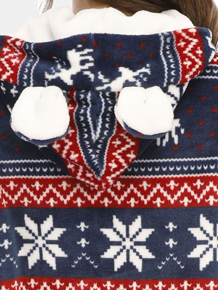 Damen-weihnachts-schneeflocke-elch-muster Reißverschluss Vorderes Ohr-design Flanell-kapuzen-strampler Mit Tasche