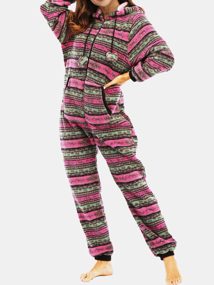 Damen Weihnachtsfleece Gestreifter Home Kordelzug Langarm One Sets Kapuzenpyjama