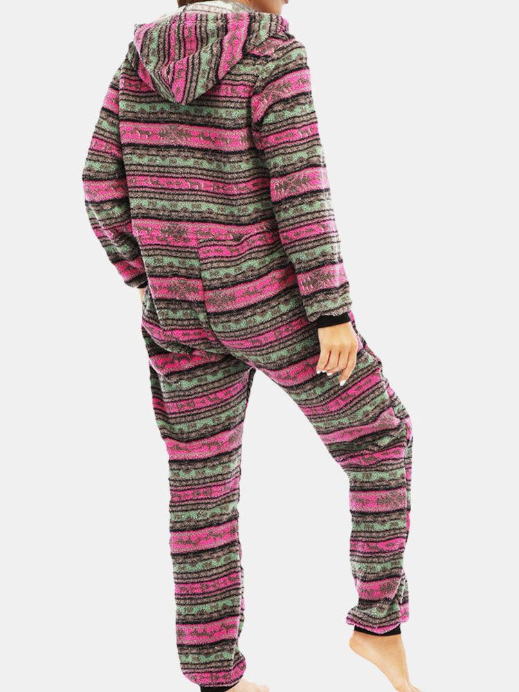 Damen Weihnachtsfleece Gestreifter Home Kordelzug Langarm One Sets Kapuzenpyjama