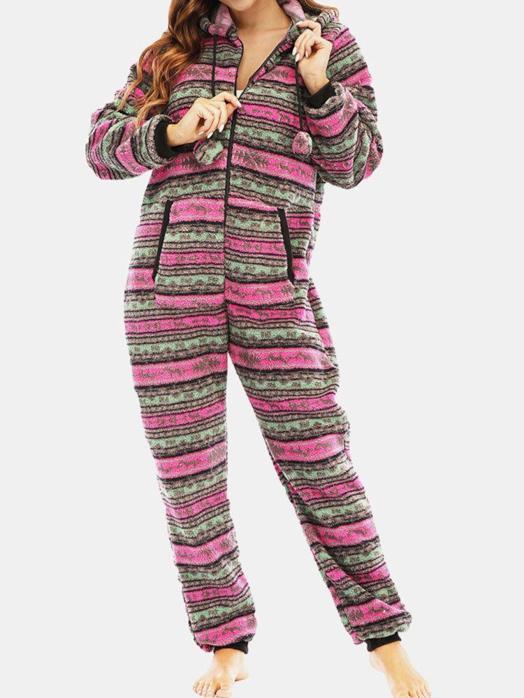 Damen Weihnachtsfleece Gestreifter Home Kordelzug Langarm One Sets Kapuzenpyjama